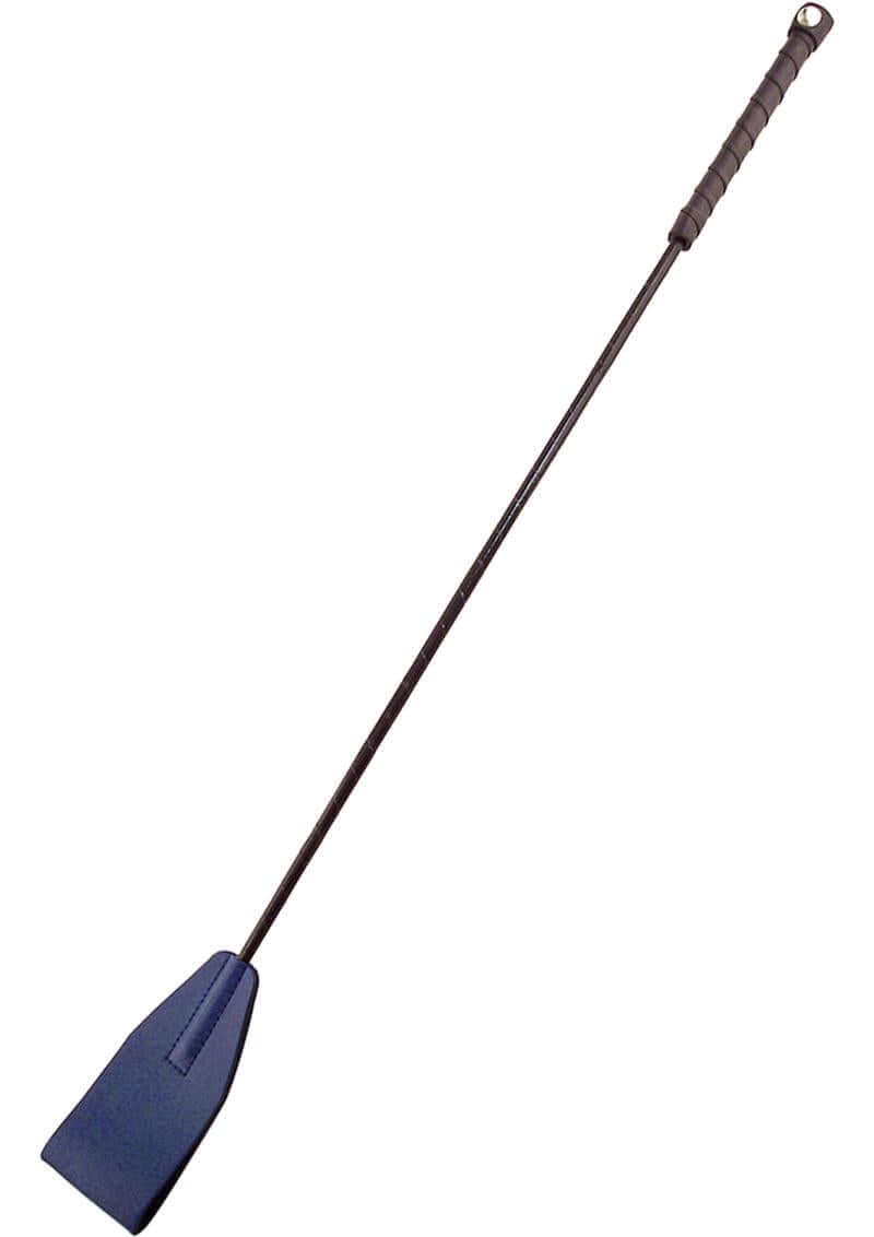 Rouge Fifty Times Hotter Leather Riding Crop Blue showcasing a sleek design with a braided grip for impact play.