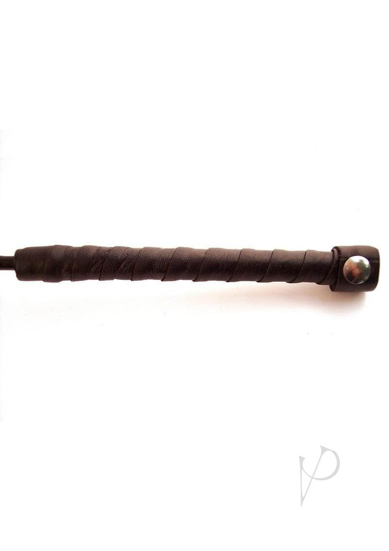 Close-up of the handle of the Rouge Fifty Times Hotter Leather Riding Crop Blue with a braided leather grip.