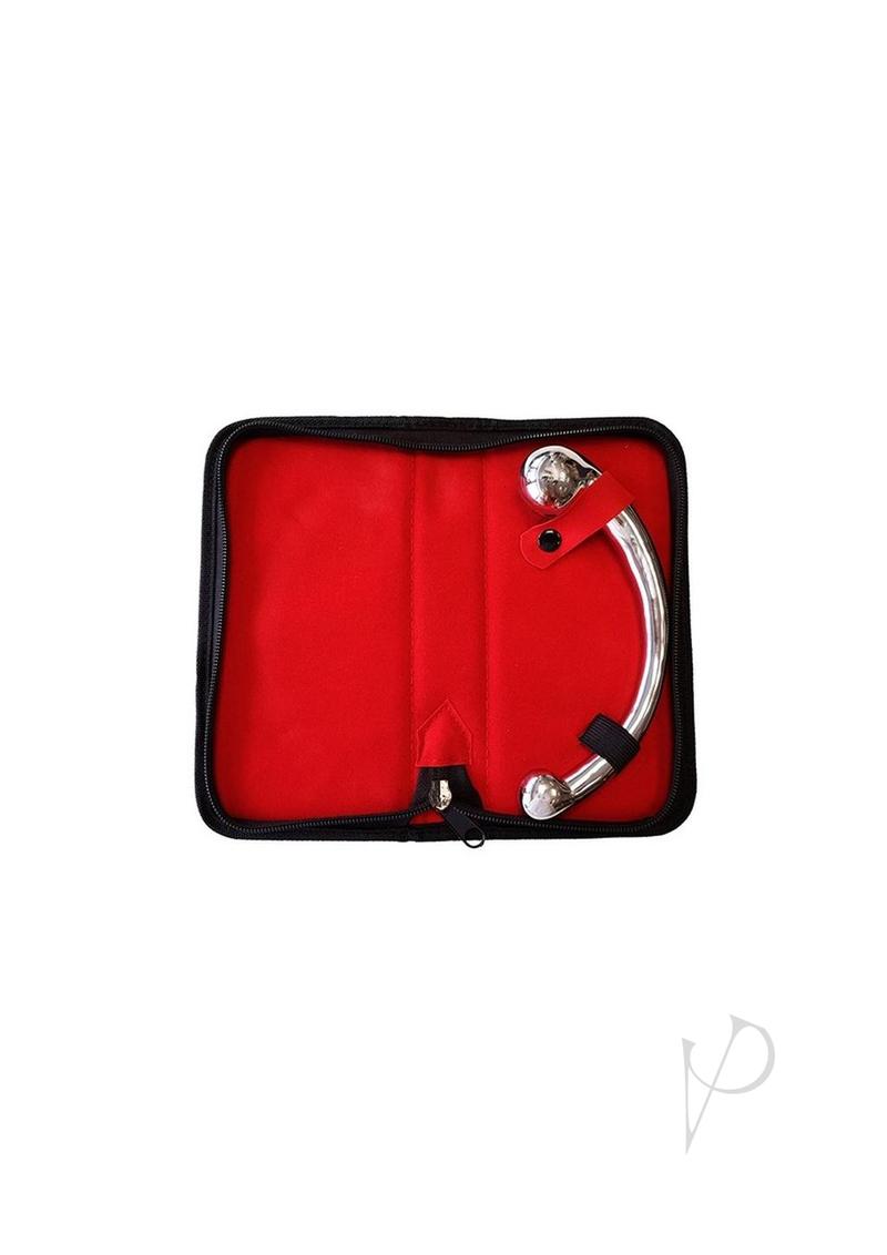 Rouge Stainless Steel Wand Dildo Silver in a red pouch, showcasing its elegant curved design.