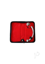 Rouge Stainless Steel Wand Dildo Silver in a red pouch, showcasing its elegant curved design.
