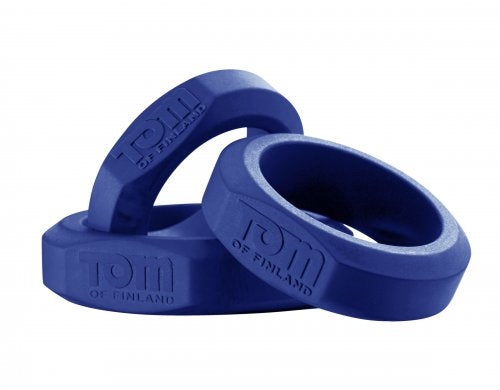 Tom of Finland 3 Pieces Silicone Cock Ring Set featuring three graduated silicone rings in blue.