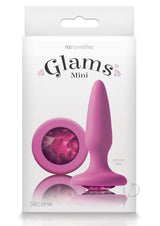 Glams Mini Silicone Butt Plug Pink Gem packaging featuring a tapered silicone design and sparkling pink gem.