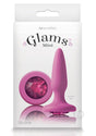 Glams Mini Silicone Butt Plug Pink Gem packaging featuring a tapered silicone design and sparkling pink gem.