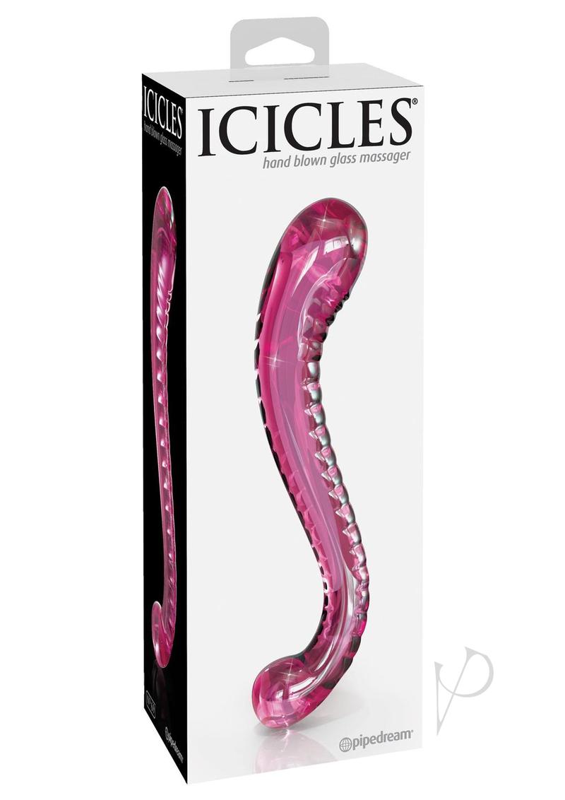 Icicles No 69 Textured G-Spot Glass Probe Pink packaging featuring a unique hand-blown glass design for pleasure.