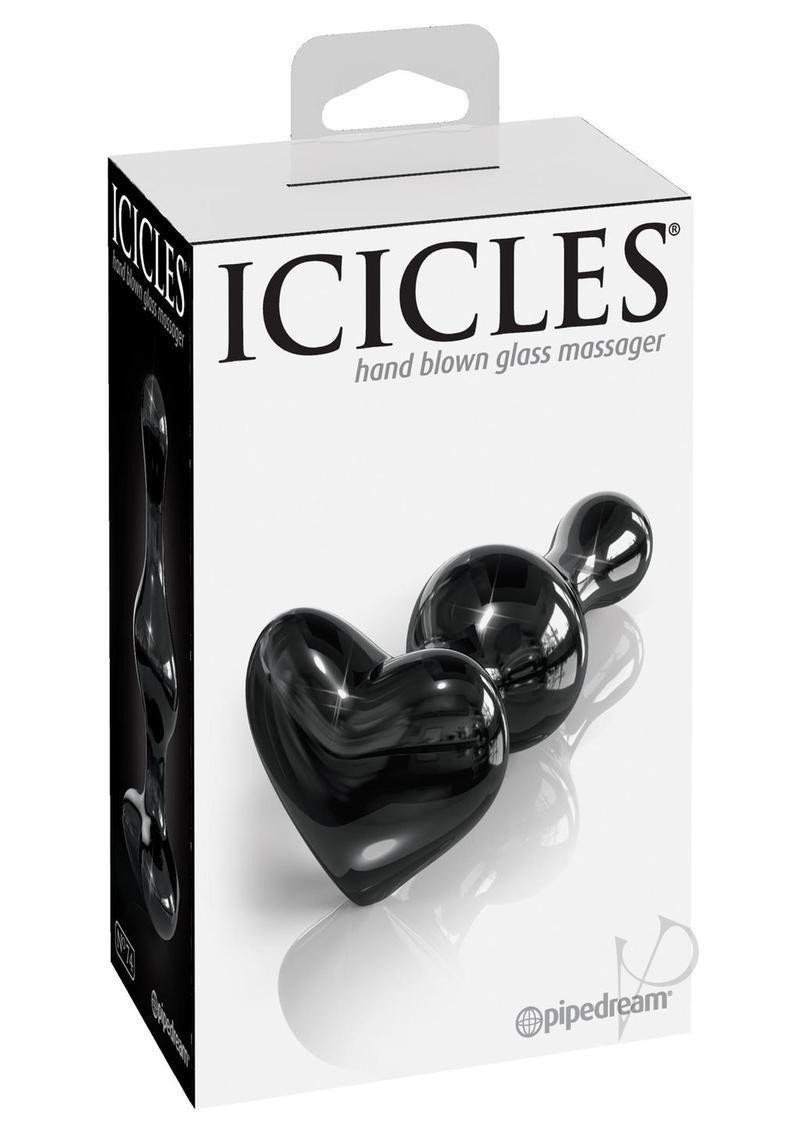 Icicles No 74 Beaded Heart Shaped Glass Anal Plug Black, elegant hand-blown glass anal plug with beaded design.