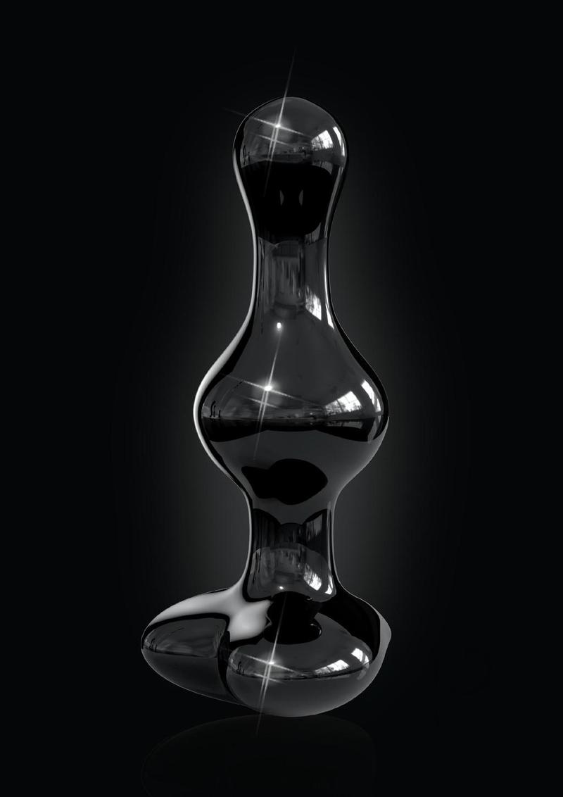 Icicles No 74 Beaded Heart Shaped Glass Anal Plug Black on a dark background showcasing its sleek design.