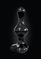 Icicles No 74 Beaded Heart Shaped Glass Anal Plug Black on a dark background showcasing its sleek design.