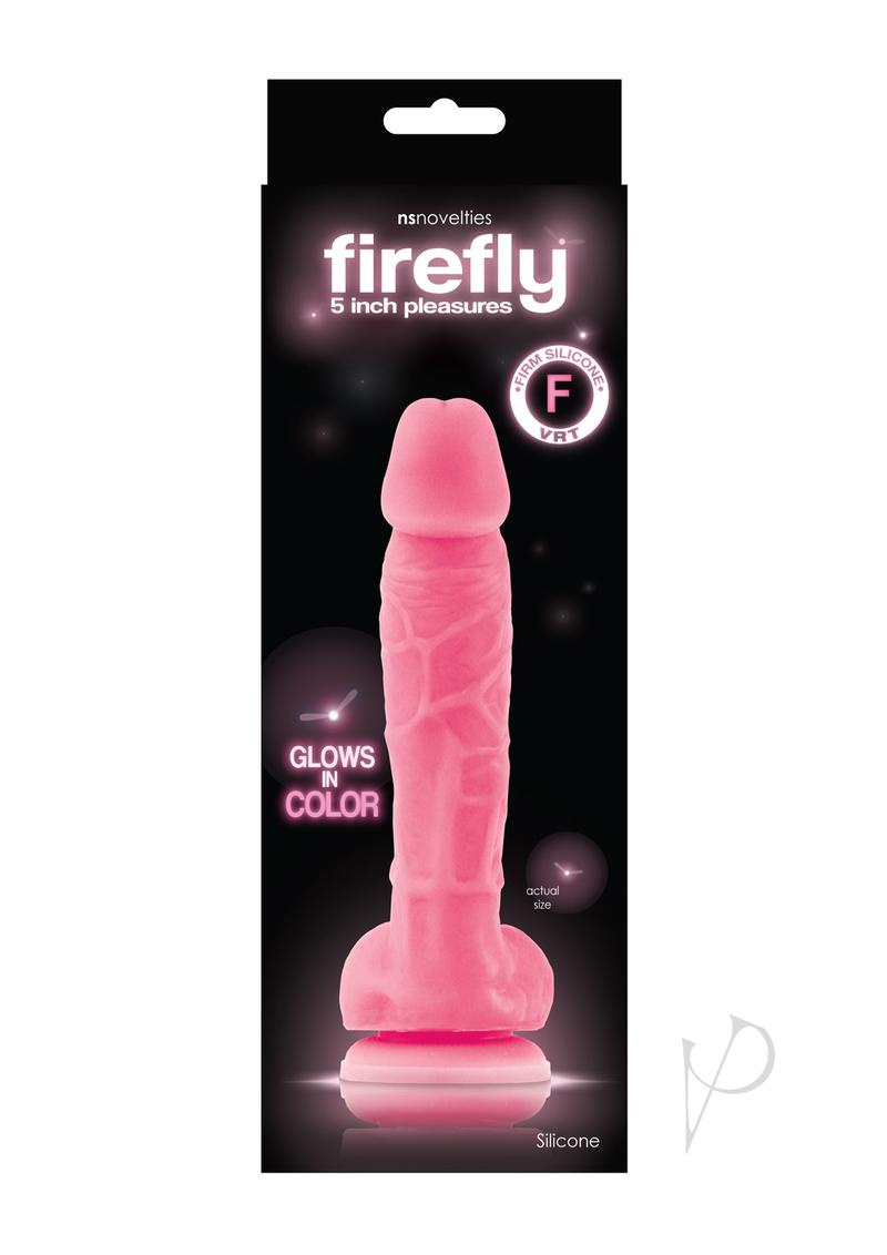Firefly 5 Inch Pleasures Glow In The Dark Dildo Pink packaged in a vibrant display, showcasing its glow feature.
