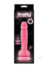 Firefly 5 Inch Pleasures Glow In The Dark Dildo Pink packaged in a vibrant display, showcasing its glow feature.