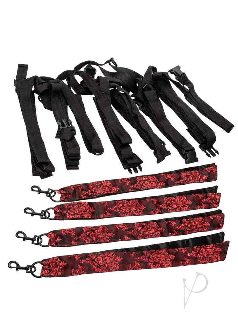 Scandal 8 Points Of Love Bed Restraint Black Red with straps for enhancing intimate moments.