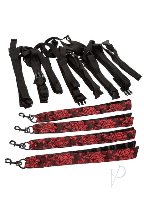 Scandal 8 Points Of Love Bed Restraint Black Red with straps for enhancing intimate moments.