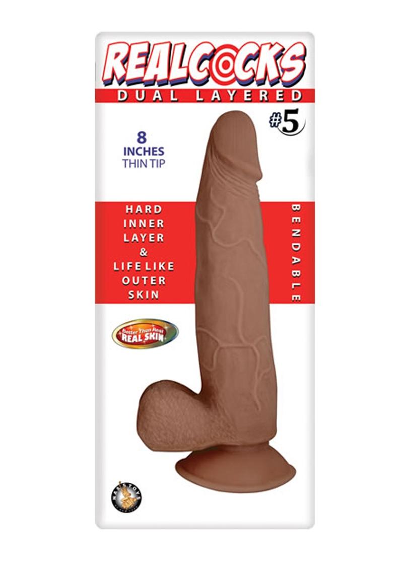 Realcocks Dual Layered No 5 Bendable Dildo 8 inch Caramel packaged with details of its dual-layer construction.