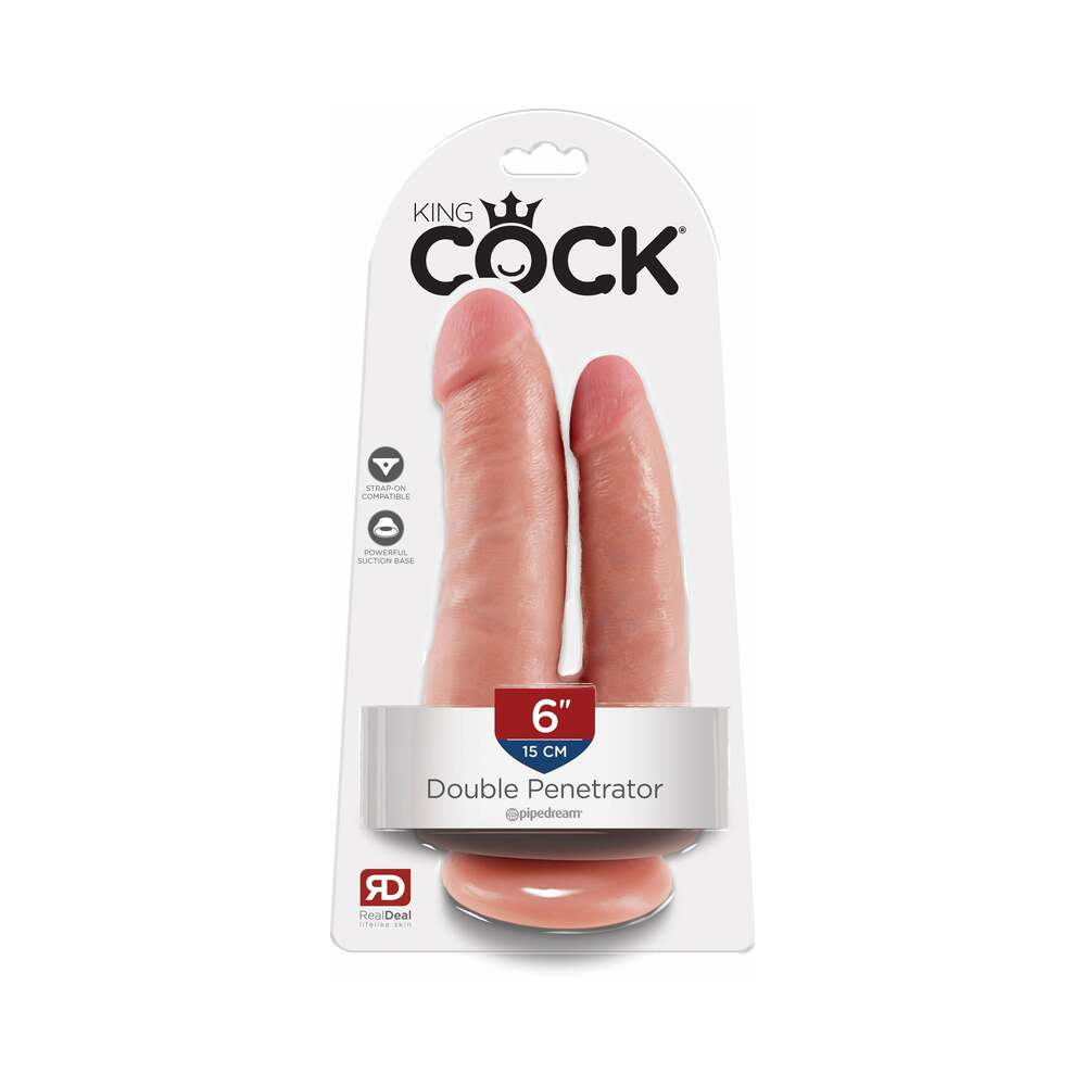 King Cock Double Penetrator 6 inches Realistic Dual-Entry Dildo With Suction Cup Beige