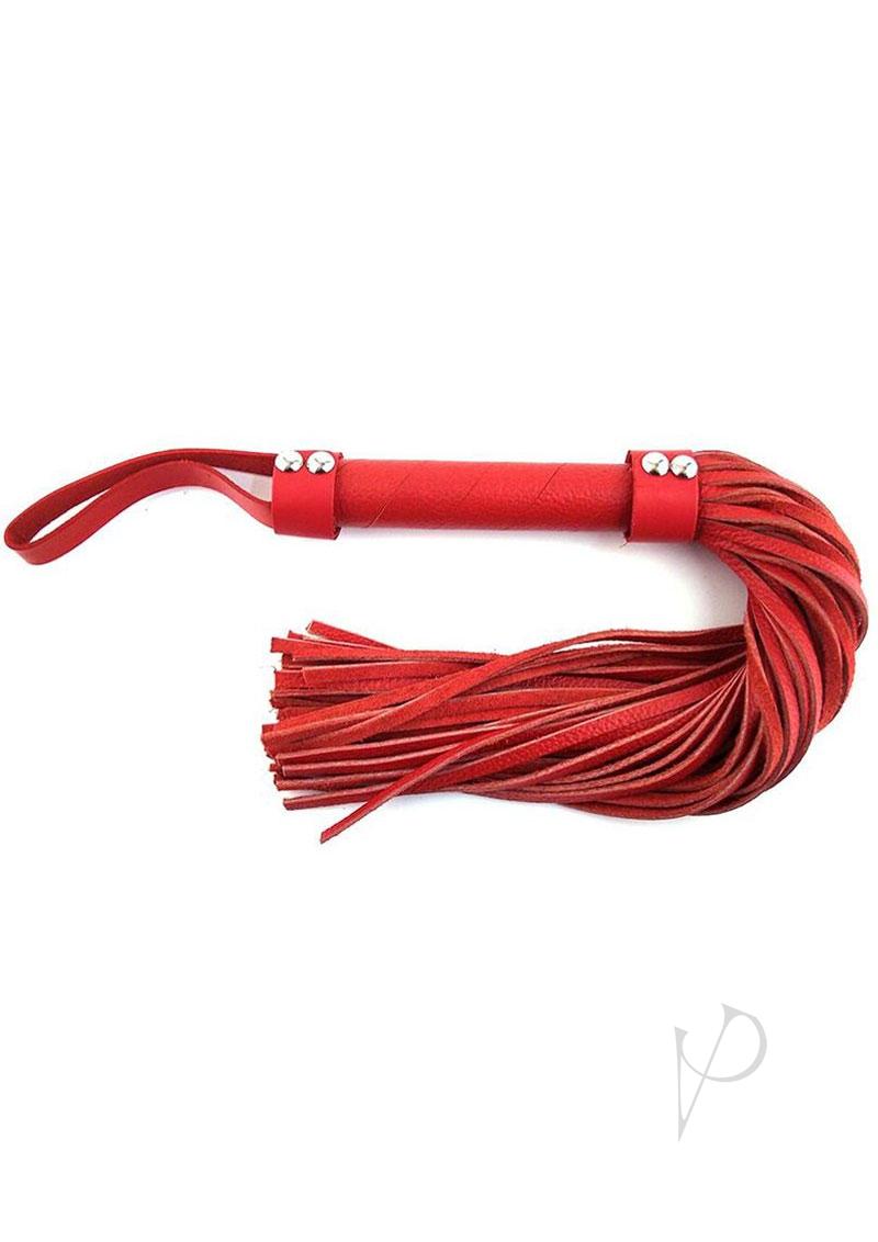 Rouge Short Leather Flogger Red with a compact handle and soft leather for sensation play.