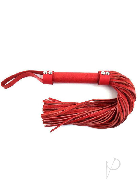 Rouge Short Leather Flogger Red with a compact handle and soft leather for sensation play.