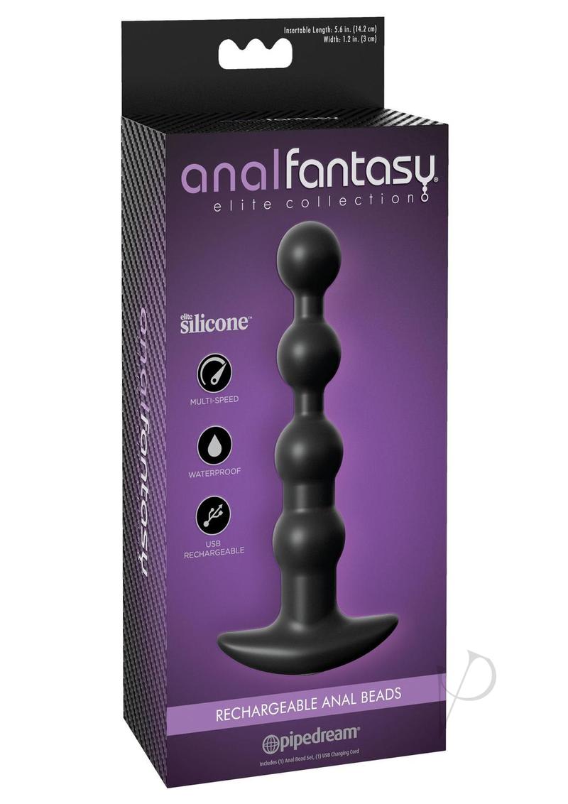 Anal Fantasy Elite Silicone Rechargeable Anal Beads Black packaging featuring multi-speed and waterproof features.
