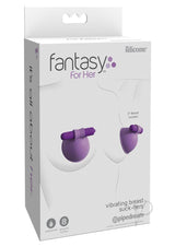 Fantasy For Her Silicone Vibrating Breast Suck-Hers Purple product packaging with silicone breast suckers.