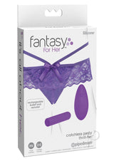 Fantasy For Her Thrill Her Crotchless Panty Vibe Purple packaging featuring sheer lingerie and a discreet massager.