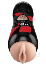PDX Elite Vibrating Pussy Masturbator with Bullet in a sleek black and red design, showcasing its realistic texture.