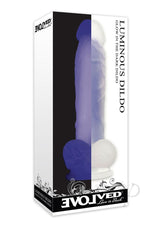 Luminous Silicone Realistic Glow Dildo 8 inch Purple packaging showcasing its glow in the dark feature.