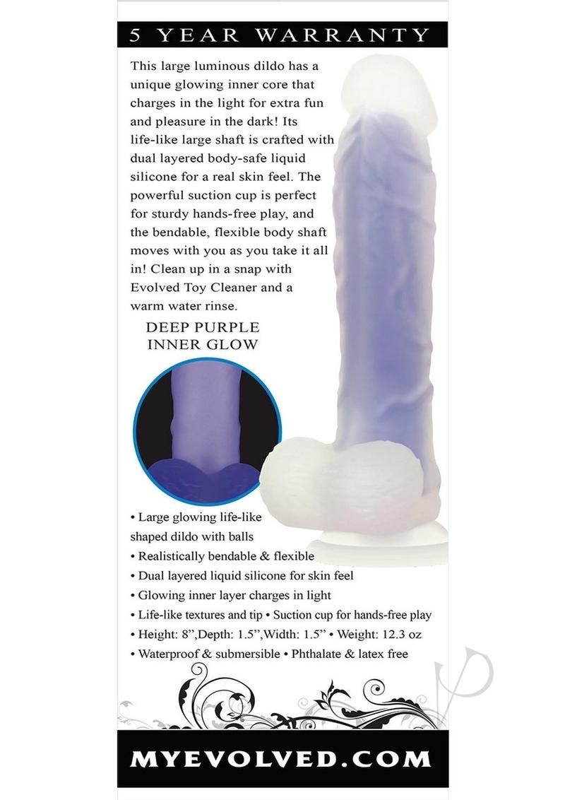 Luminous Silicone Realistic Glow Dildo 8 inch Purple with inner glow, crafted from body-safe liquid silicone, features suction cup.