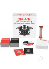 Arts Of Insanity Adult Party Card Game with character and action cards, timer, and spinning wheel for fun gameplay.