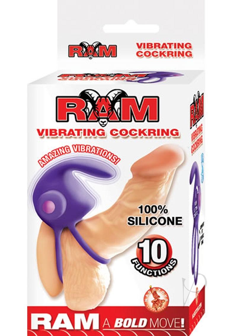 Ram Silicone Vibrating Cock Ring Purple product packaging with 10 functions and 100% silicone material.