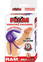 Ram Silicone Vibrating Cock Ring Purple product packaging with 10 functions and 100% silicone material.