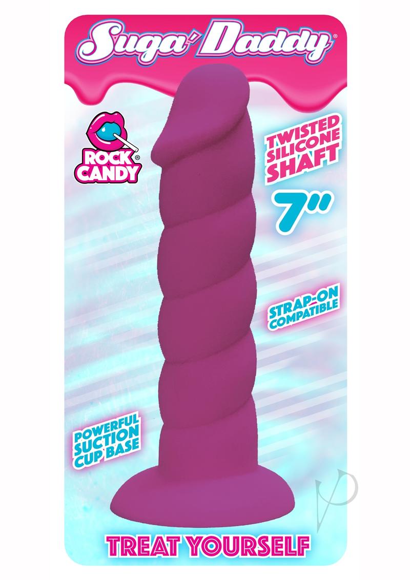 Suga' Daddy Silicone Dildo 7 Inch Purple with twisted shaft and suction cup base for pleasure.