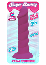 Suga' Daddy Silicone Dildo 7 Inch Purple with twisted shaft and suction cup base for pleasure.