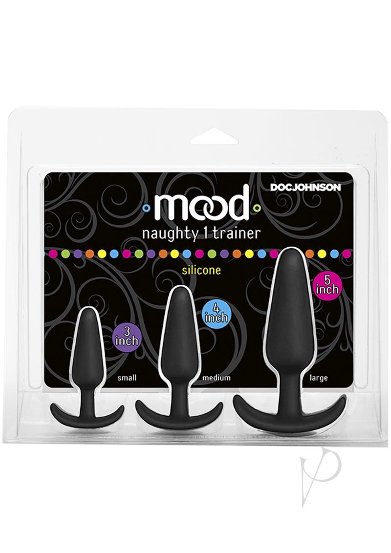 Mood Naughty 1 Trainer Silicone Anal Plug 3 Piece Set Black in a stylish package with three graduated plugs.