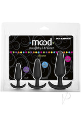 Mood Naughty 1 Trainer Silicone Anal Plug 3 Piece Set Black in a stylish package with three graduated plugs.