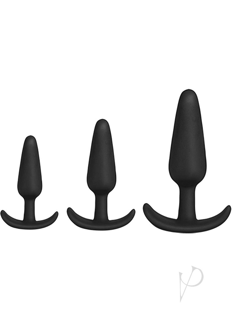 Mood Naughty 1 Trainer Silicone Anal Plug 3 Piece Set Black featuring three graduated silicone plugs.