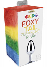 Rainbow Foxy Tail Pleasure Stainless Steel Plug packaging displaying colorful design and sleek metallic tip.
