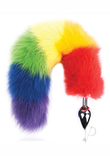 Rainbow Foxy Tail Pleasure Stainless Steel Plug with colorful fur tail and sleek metal tip for playful exploration.