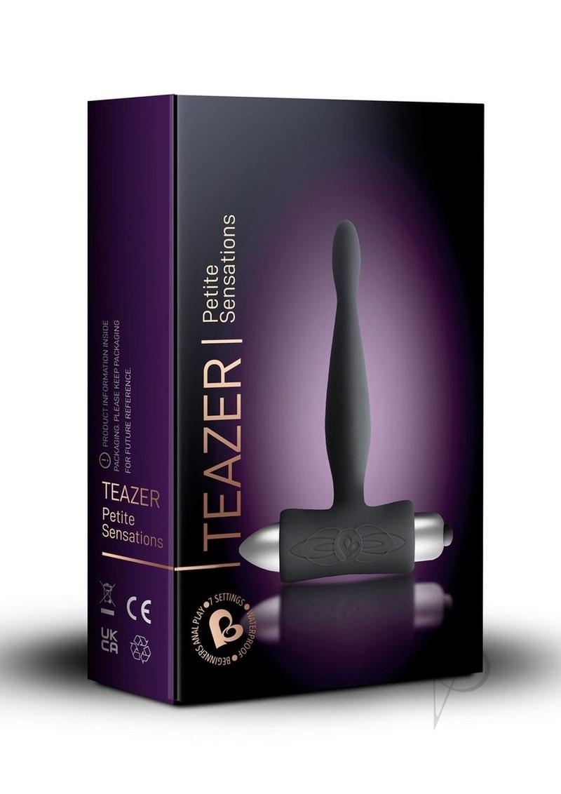 Petite Sensations Teazer Silicone Anal Stimulator Black packaging with T-shaped design for anal play.