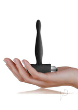 Petite Sensations Teazer Silicone Anal Stimulator Black held in hand, showcasing its streamlined design for anal pleasure.