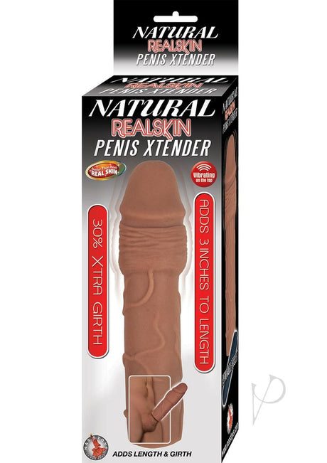 Natural Realskin Penis Xtender Vibrating Chocolate packaging showcasing added length and girth features.