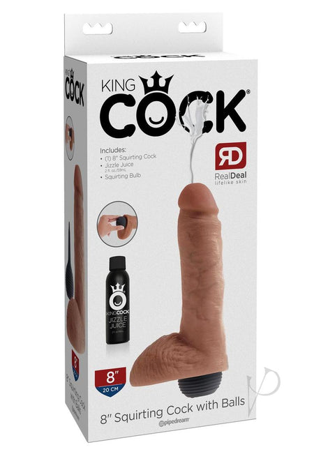 King Cock 8 Inch Squirting Dildo with Balls Caramel packaging with detailed product information and features.
