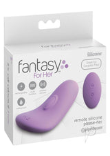 Fantasy For Her Please Her Panty Vibe Remote Purple packaging showing a compact, rechargeable silicone vibrator.