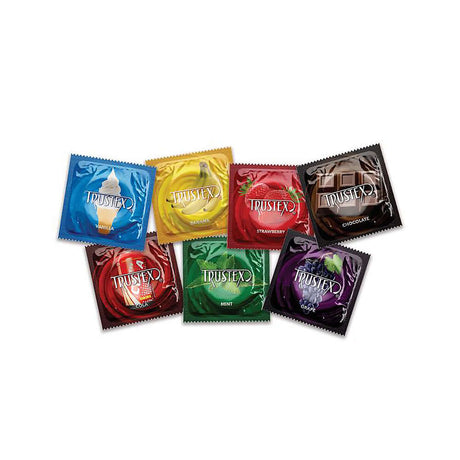 Trustex Flavored Condoms Assorted 144 Per Display featuring a variety of flavors in individual packets.