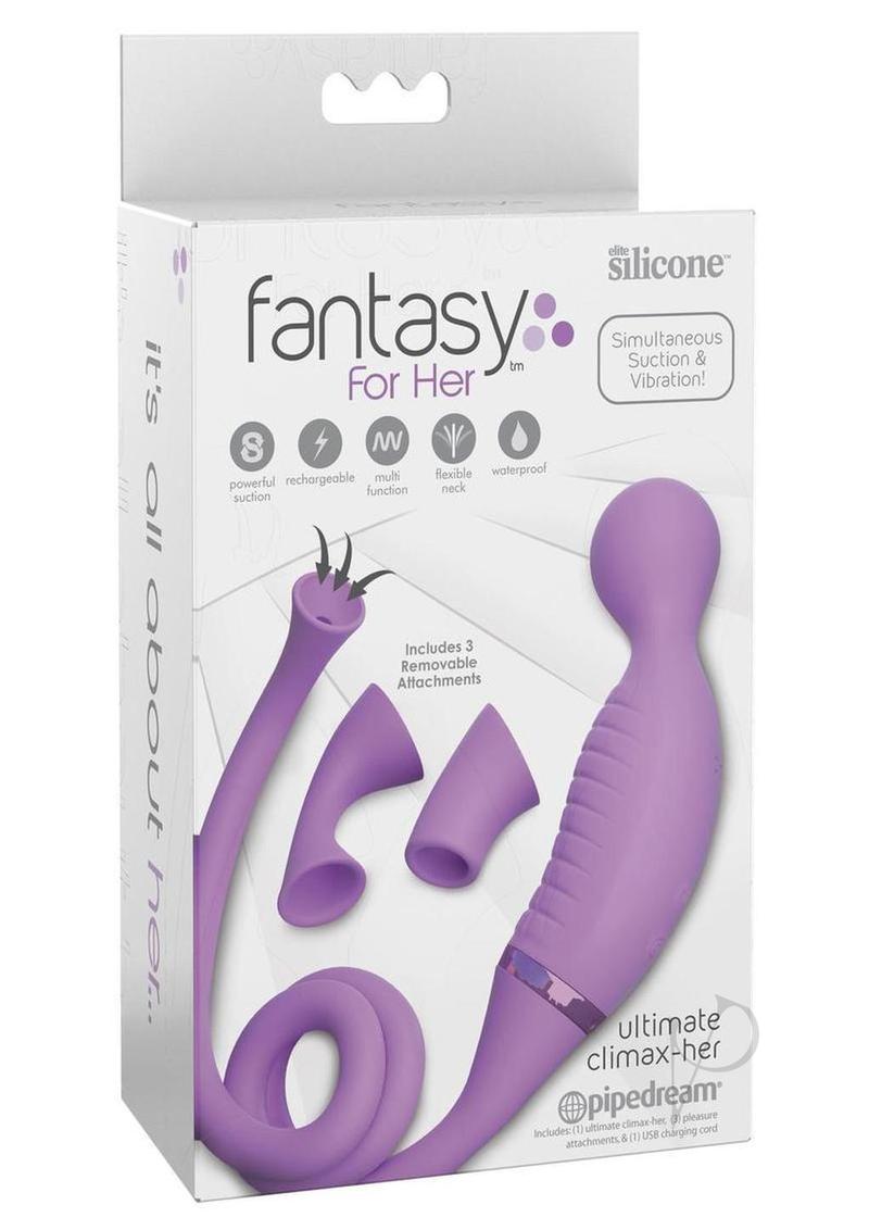 Fantasy For Her Ultimate Climax Her Silicone Vibrator Purple packaging with multiple attachments and features.