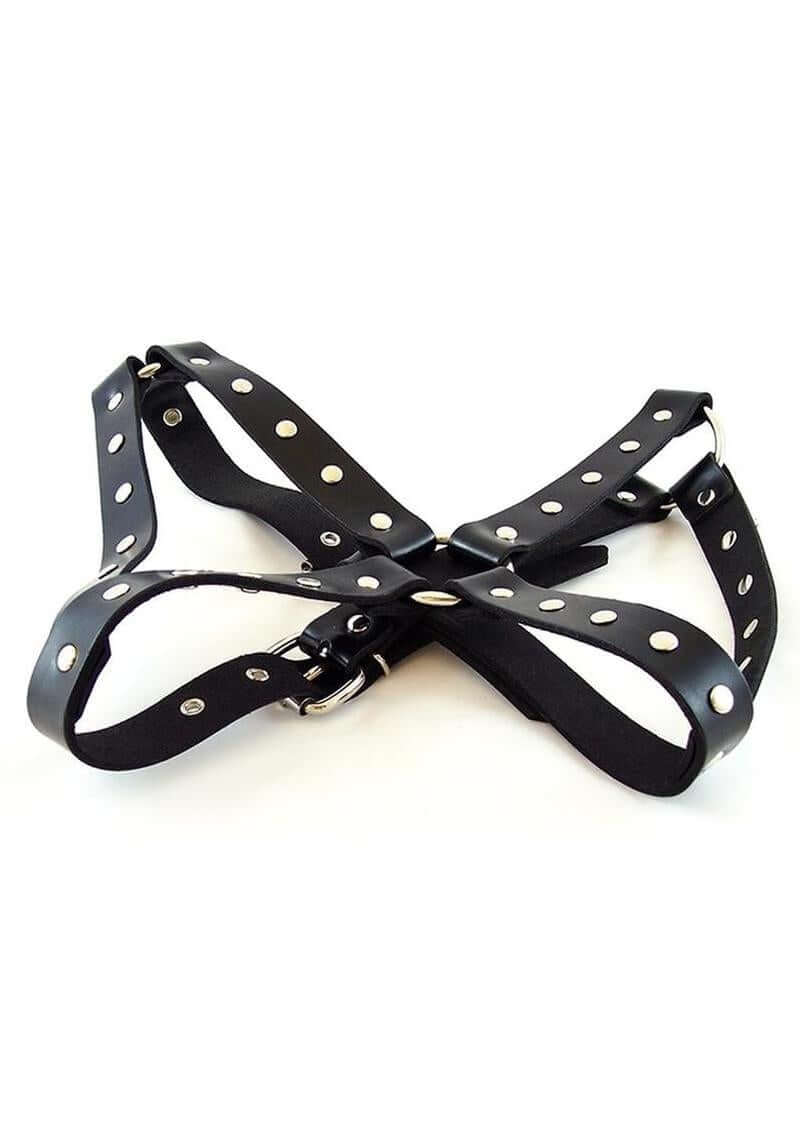 Rouge Leather Adjustable Female Chest Harness Black with flat riveted studs, designed for a confident and stylish look.
