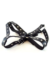 Rouge Leather Adjustable Female Chest Harness Black with flat riveted studs, designed for a confident and stylish look.