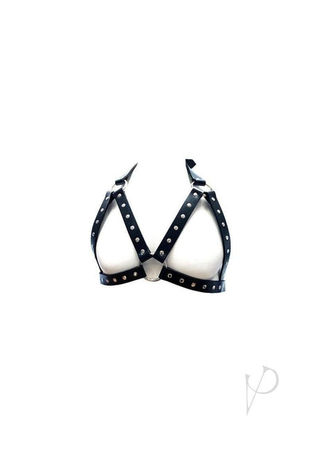Rouge Leather Adjustable Female Chest Harness Black featuring flat riveted studs, stylish design, and adjustable straps.
