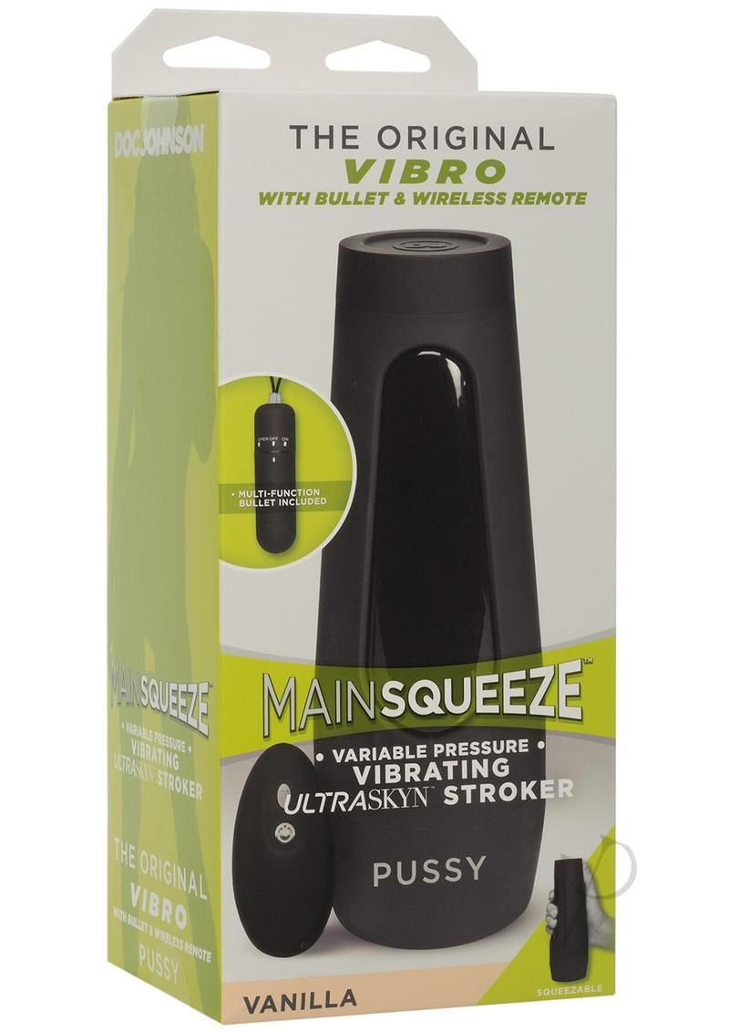 Main Squeeze Vibro Vibrating Pussy Masturbator Vanilla packaging with ULTRASKYN stroker and bullet.