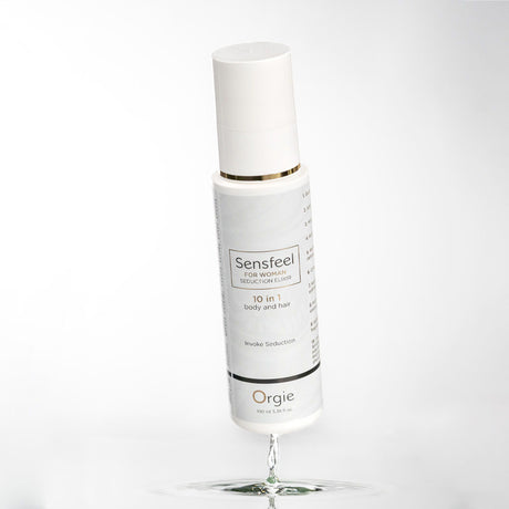 Orgie Sensfeel For Woman Seduction Elixir 10-in-1 Body & Hair bottle with a drop of product.