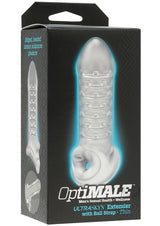 OptiMALE Thin Extender with Ball Strap Frost packaging featuring ribbed design for enhanced pleasure.