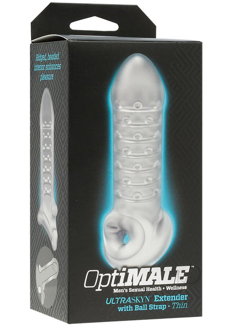 OptiMALE Thin Extender with Ball Strap Frost packaging featuring ribbed design for enhanced pleasure.