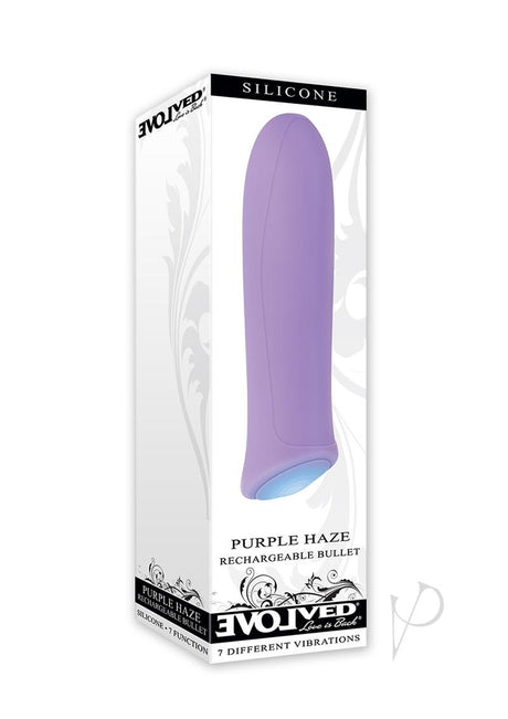 Purple Haze Rechargeable Silicone Bullet Purple in packaging, showcasing its sleek design and vibrant lilac color.